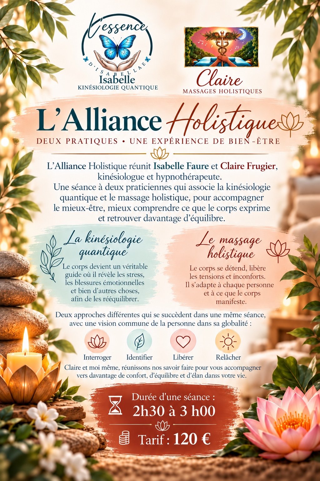 Affiche de L’Alliance Holistique : partenariat entre Isabelle Faure et Claire Frugier, séance de 2 h 30 à 3 h, tarif 120 €